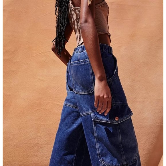 Free People All Star Pull-On Jeans in Booyah Blue Size Large Y2K Cargo - Picture 4 of 6